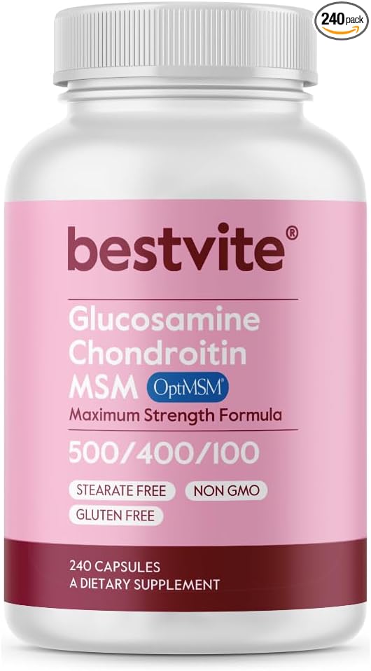 BESTVITE Glucosamine Chondroitin MSM 500/400/100 per Capsule (240 Capsules) with Patented OptiMSM - Maximum Strength Formula for Joint Support - No Stearates - Gluten Free - Non GMO