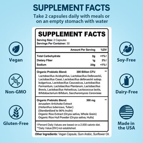 Probiotics for Women &amp Men 300 Billion CFU Probiotics from 12 Strains + Organic Prebiotics Blend for Daily Digestive Immune Gut Bloating Gut Health for Women &amp Men Shelf Stable - 60 Caps