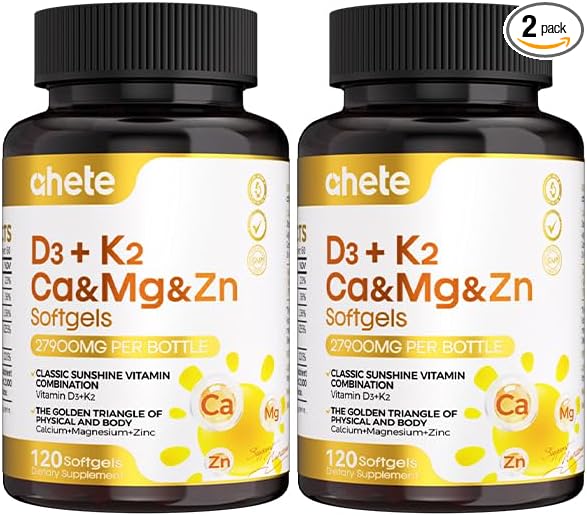 Vitamin D3 K2 Magnesium 10000 IU 120 mcg K2 Capsules 60 Count (Packs of 2) | with VIT B6 Zinc &amp Quercetin | D3K2 Supports Superior Absorption Energy Immune Muscle Health for Men &amp Women