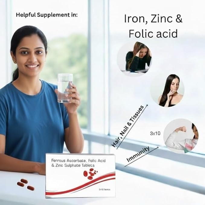 Iron Folic Acid &amp Zinc Supplement | ZIIT XT | for Women &amp Men | Pack of (3 Strips) 30 Tablets