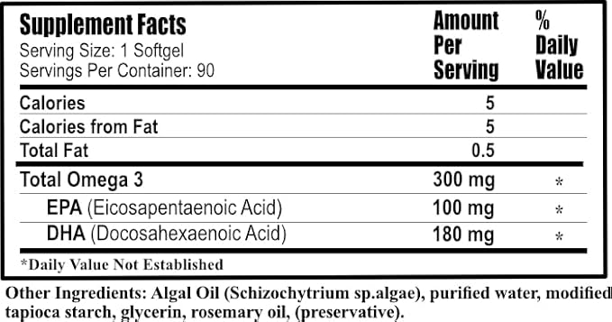 Daily Algae-Omega™ Vegan Omega 3 Supplement – 300mg Algal Oil (180mg DHA / 100mg EPA) – Plant Based Fish Oil Alternative for Brain Heart &amp Eye Health – Non-GMO Mercury Free Burpless – 90 Softge