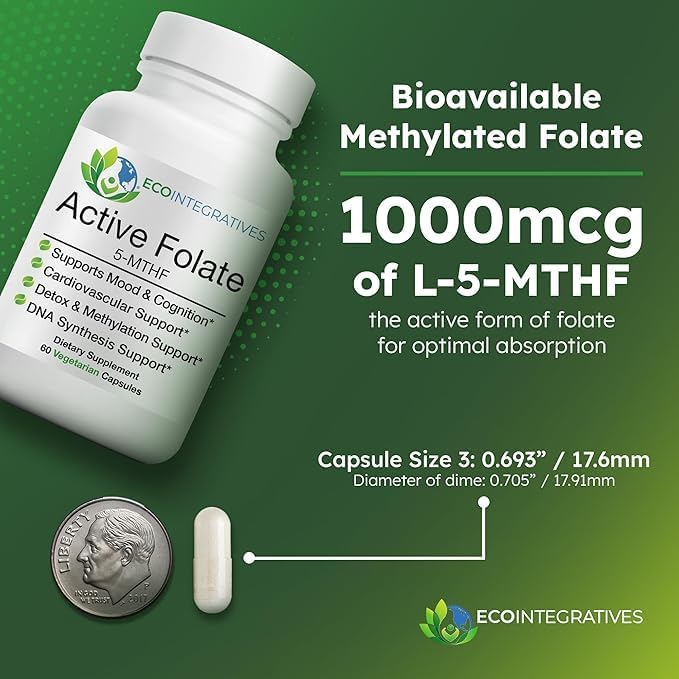 EcoIntegratives® Active Folate 5-MTHF – Methylated Folate 1000 mcg (1700 mcg DFE) – Bioavailable B9 for Mood Methylation Prenatal and Heart Health* – Vegan Gluten-Free Non-GMO – 60 Capsules