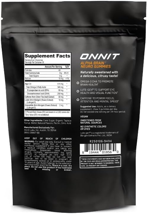ONNIT Alpha Brain Neuro Focus Gummies IGEN Non-GMO Tested Vegan Gummies with Omega-3s Lutein Zeaxanthin and Caffeine Brain Eye and Focus Supplement for Men and Women Citrus Punch 90 Count