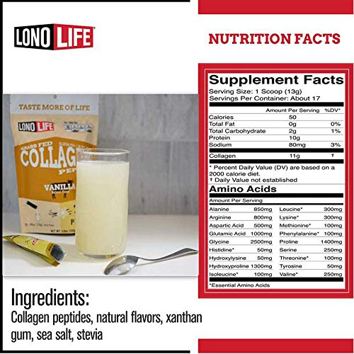 LonoLife - Vanilla Flavored Collagen Peptides with 10g Protein Paleo and Keto Friendly 8-Ounce Container - Packaging May Vary