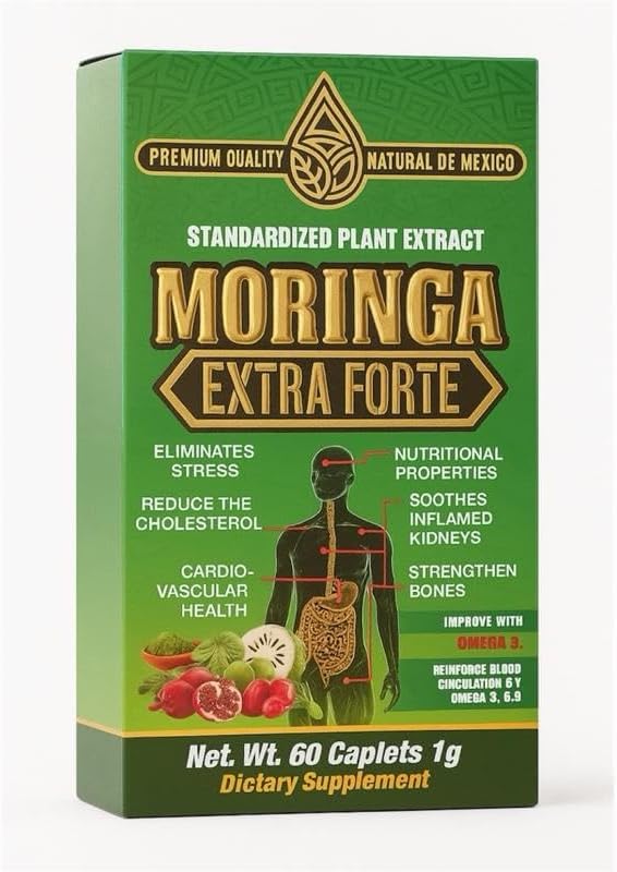 Moringa Extra Forte – Suplemento Natural Premium | Powerful Antioxidant &amp Energy Support | Elimina el Estrés Reduce el Colesterol y Fortalece Los Huesos | 60 Capletas 1g – Premium Quality