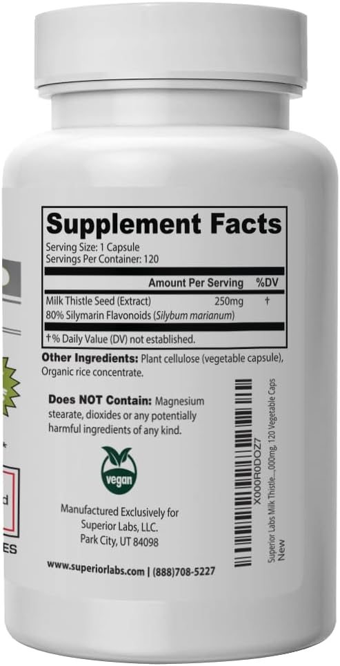 Superior Labs Milk Thistle NonGMO - 80% Silymarin Flavonoids - Powerful Formula for Healthy Liver Kidney Detox and Function Energy - 250mg 4:1 Extract Yielding 1000mg 120 Vegetable Caps