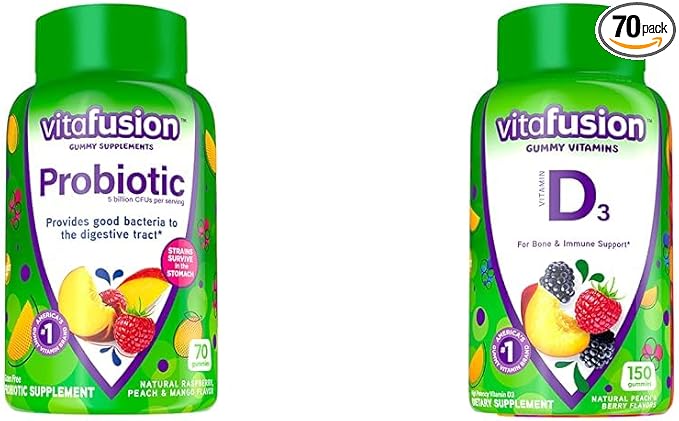 Vitafusion Probiotic Gummy Supplements Raspberry Peach and Mango Flavors &amp Vitamin D3 Gummy Vitamins for Bone and Immune System Support