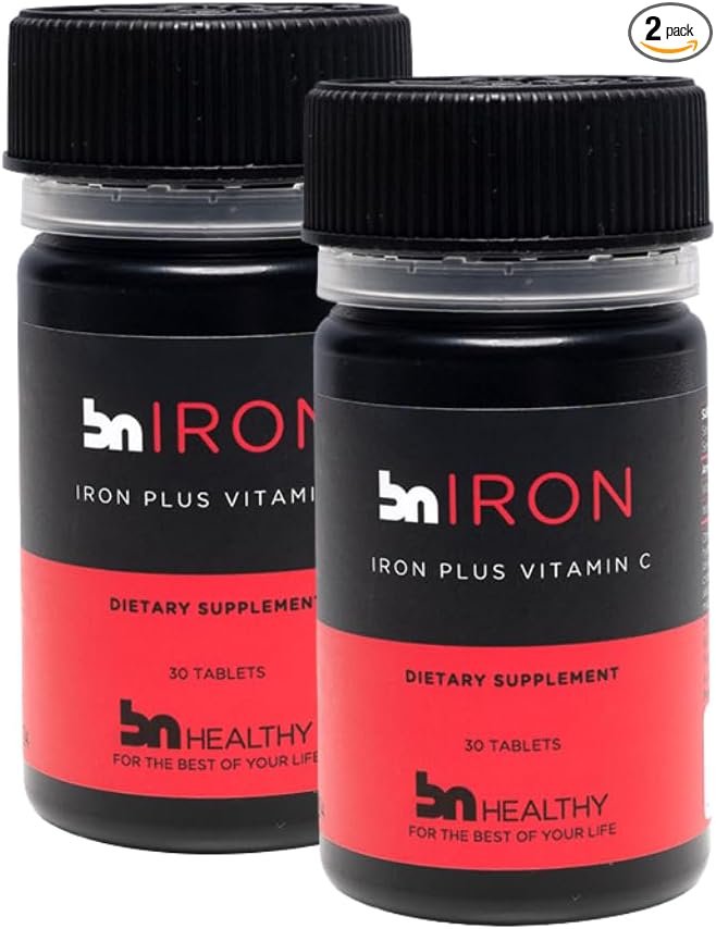 BNHealthy Iron &amp Vitamin C Tablet 2-Pack - Premium Bisglycinate Supplement with Vitamin C - 60 Tablets for Enhanced Energy and Iron Absorption