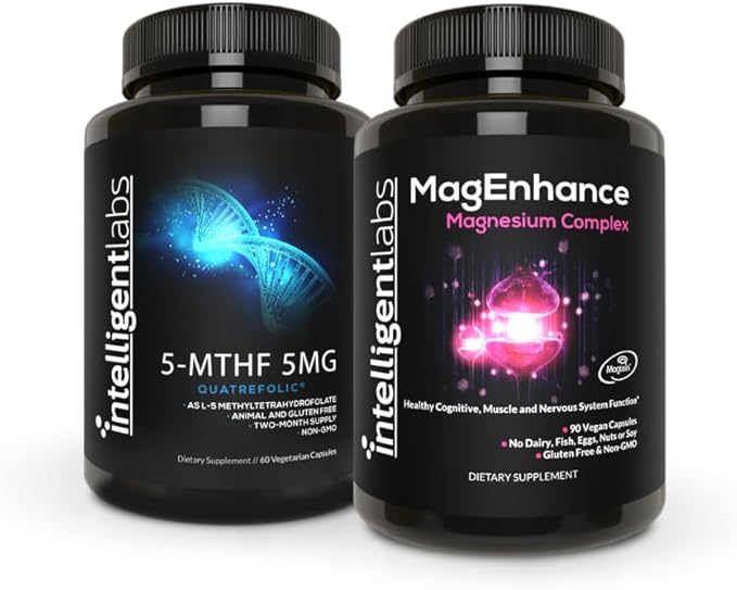 Intelligent Labs 2-in-1 Bundle of MagEnhance Supplement (with Magnesium L-Threonate Glycinate &amp Taurate) and 5MG 5-MTHF Methylfolate as Quatrefolic Acid® (MTHFR Supplement for Methylation Support