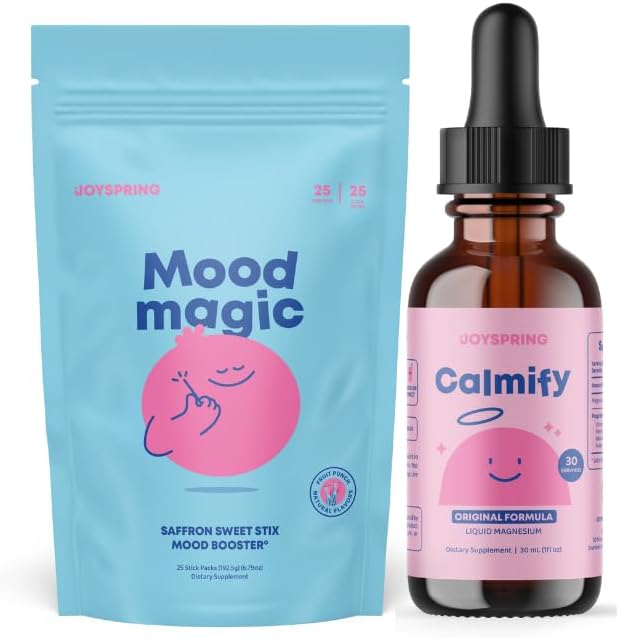 JoySpring Kids Magnesium Routine – Magnesium Citrate Liquid Drops with Chamomile + Saffron Powder with Vitamin D3 – Mineral &amp Botanical Daily Supplement for Kids