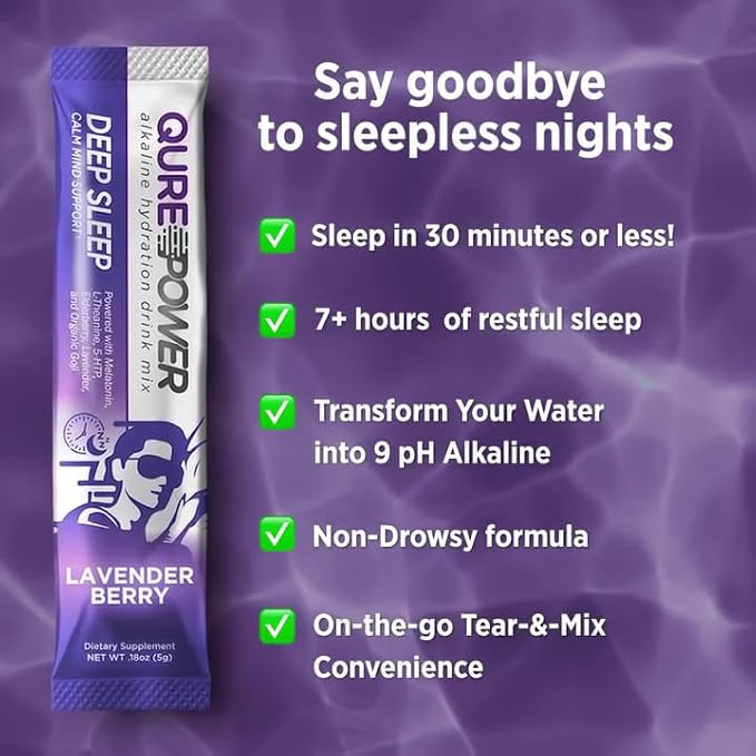 QURE Deep Sleep Aid Drink Mix w/ 5mg Melatonin &amp L-Theanine for Stress Relief | Non - Habit Forming Magnesium &amp 5 - HTP Powder | Alkaline Hydration | 15 Sticks (1 Box)
