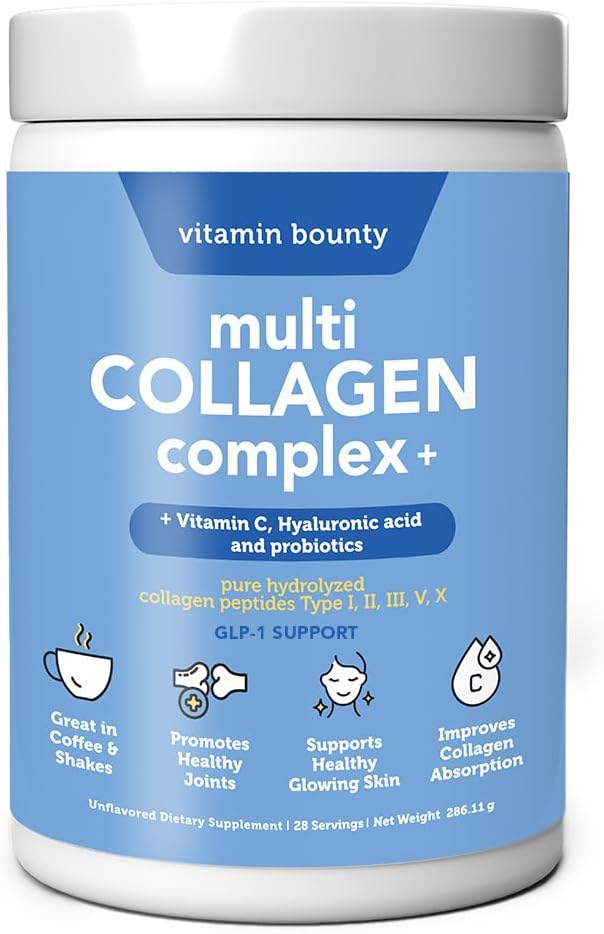 Vitamin Bounty Multi Collagen Peptides Powder for Men &amp Women (Complex Plus) - 5 Types Hydrolyzed Collagen Protein - Probiotics Vitamin C &amp Hyaluronic Acid - Grass Fed Bovine Supplements 28