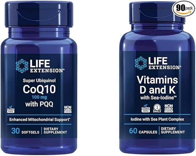 Life Extension Super Ubiquinol CoQ10 with PQQ CoQ10 PQQ &amp Vitamins D and K with Sea-Iodine Vitamin D3 Vitamin K1 and K2