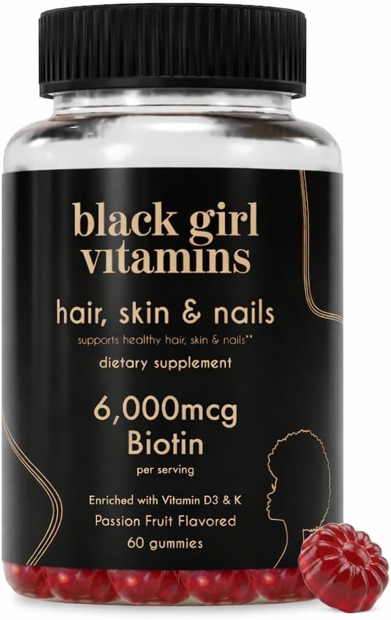 Black Girl Vitamins - Hair Skin and Nails Gummies with Biotin (6000 mcg) Zinc Gelatin Free Vitamin A and Vitamin E - Gluten-Free. Made in The USA (Passion Fruit 60 Count) 30 Day Supply
