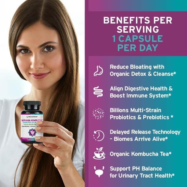 TRIO NUTRITION Nirvana Kombucha - Multi-Strain Probiotics &amp Prebiotic Blend with Organic Tea - Delayed-Release Capsules for Digestive &amp Immune Health - Bloating Relief - Natural pH Balance