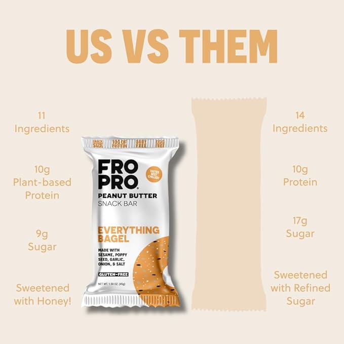 FROPRO Snack Bars - Plant Based Protein Bars All-Natural Gluten Dairy &amp Soy Free High Protein Bars with Low Calories | Everything Bagel 24 Pack