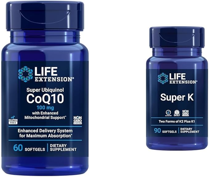 Life Extension Super Ubiquinol CoQ10 with Enhanced Mitochondrial Support &amp Super K Vitamin K1 Vitamin K2 mk-7 Vitamin K2 mk-4