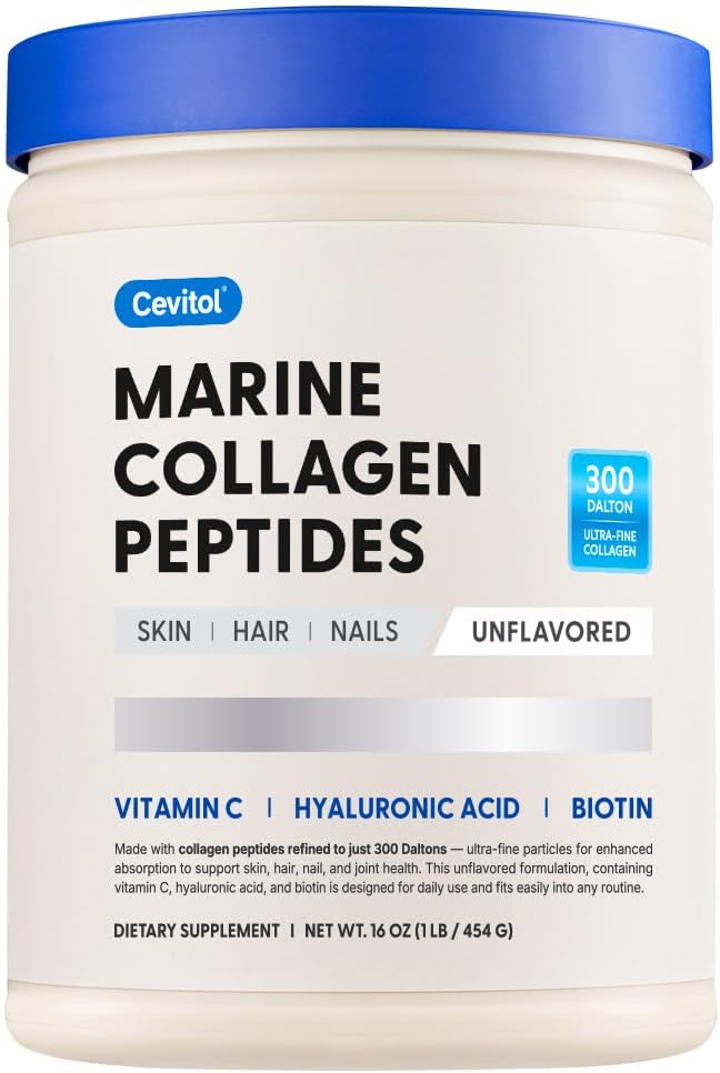 Marine Collagen Peptides - Hydrolyzed Ultra-fine Collagen Powder for Women &amp Men Hyaluronic Acid Biotin Vitamin C for Skin Hair Nails Joints Non-GMO Unflavored Easily Dissolved 16oz