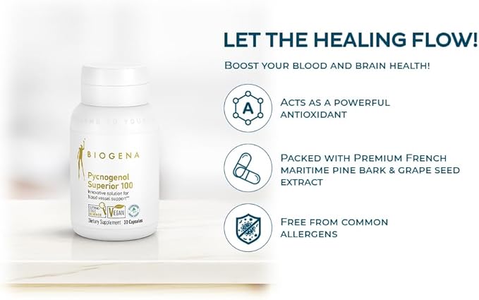 Biogena Pycnogenol 100 mg Gold with Premium Patented French Maritime Pine Bark Extract (Pinus Pinaster) to Support Blood Circulation