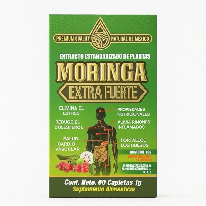 Moringa Extra Forte – Suplemento Natural Premium | Powerful Antioxidant &amp Energy Support | Elimina el Estrés Reduce el Colesterol y Fortalece Los Huesos | 60 Capletas 1g – Premium Quality