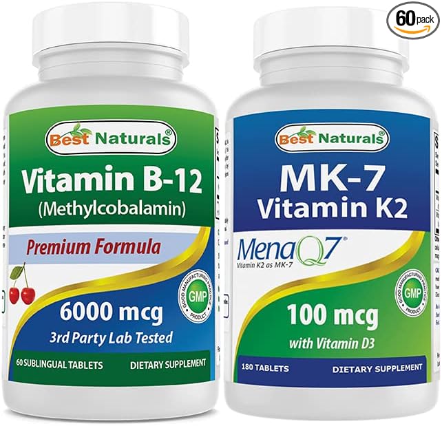 Best Naturals Vitamin B-12 6000 mcg &amp Vitamin K2 (MK7) with D3
