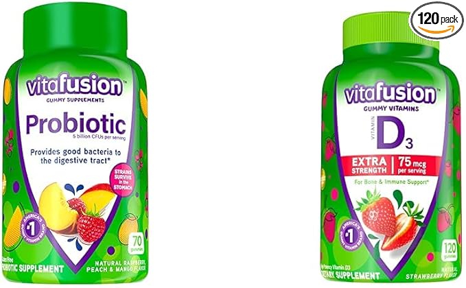 Vitafusion Probiotic Gummy Supplements Raspberry Peach and Mango Flavors &amp Extra Strength Vitamin D3 Gummy Strawberry Flavored Bone and Immune System Support (1) 120 Count