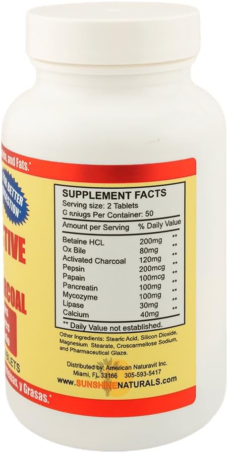 Sunshine Naturals Super Digestive Supplement. Ox Bile &amp Activated Charcoal for Digestive Support Bloating Relief Gut Cleanse Nutrient Absorption and Overall Wellness. 100 Tablets. Pack of 5
