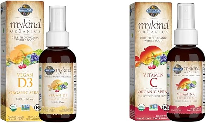 Garden of Life Organic Vegan Vitamin D3 1000 IU Liquid Spray with Omega Oils and Organic Vitamin C Spray for Immune Support 60mg - 2 fl oz Bottles