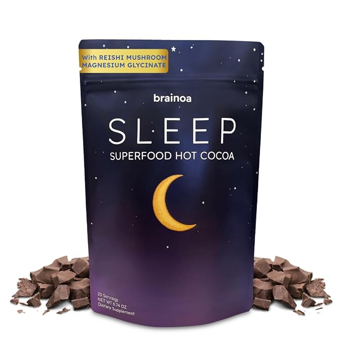 Brainoa Sleep Cocoa for Chocolate Lovers – With Magnesium Glycinate Ashwagandha Reishi Mushroom &amp L-Theanine – Bedtime Sleep Aid Drink for Adults – No Melatonin Added Sugar or Artificial Flavo