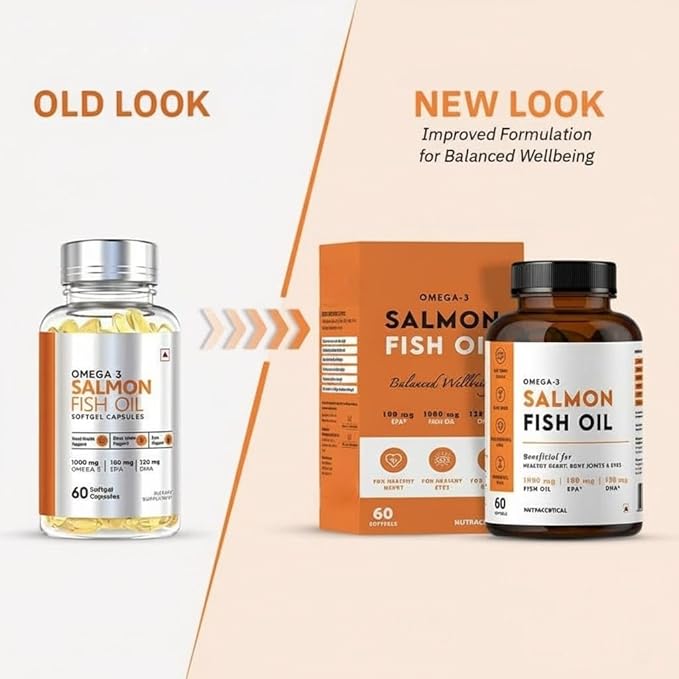 Naturix Omega 3 1000mg Salmon Fish Oil Capsules for Men &amp Women | 180mg EPA &amp 120mg DHA | No Fishy Burps | Supports Healthy Heart - 60 Softgels | Pack of 1