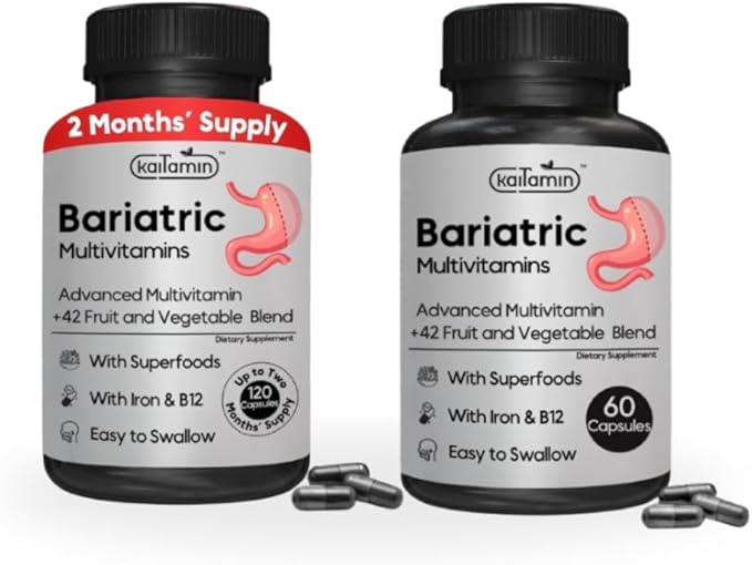 Bariatric Multivitamin with Iron - Easy-to-Swallow Capsule for Post Bariatric Surgery - Post Sleeve and Post Bypass with 42 Fruit &amp Veggies Blend - 60 + 120 Liquid Capsules