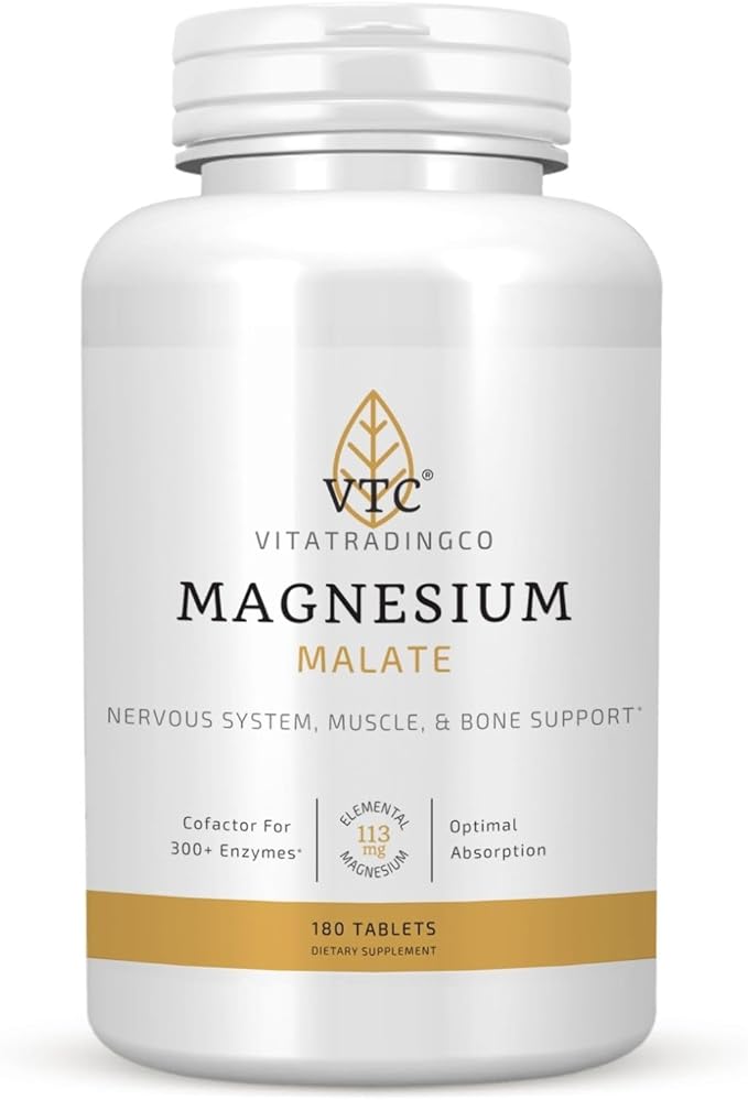 VTC VitaTradingCo. Magnesium Malate | 113mg Elemental Magnesium | Cofactor for 300+ Enzymes | Gentle &amp Highly Absorbable | Nervous System Muscle &amp Bone Support | 180 Tablets