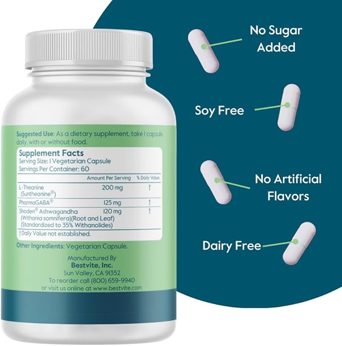 Calm AF (Advanced Formula) (60 Veggie Caps) - Clinically Studied Shoden Ashwagandha Suntheanine L Theanine PharmaGABA - No Stearates - Vegan - Non GMO - Gluten Free - Ashwagandha &amp GABA Suppleme
