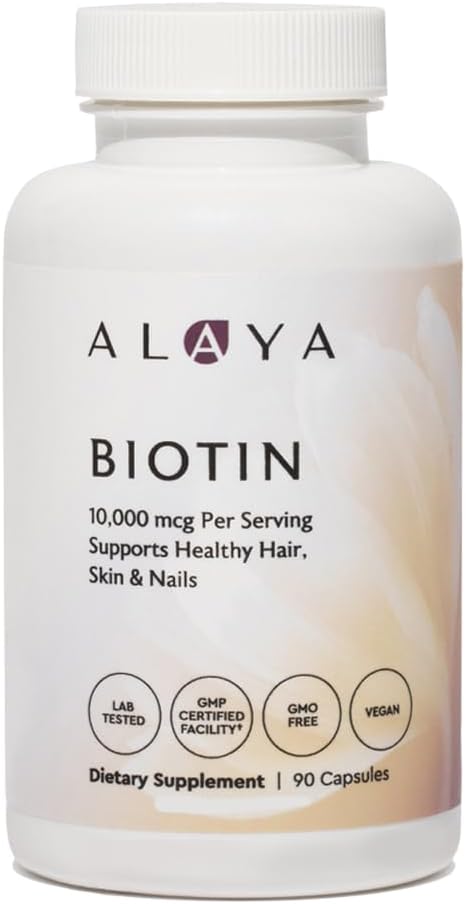 Alaya Biotin 10000 mcg for Healthy Hair Skin and Nails Non GMO Vegan 90 Capsules