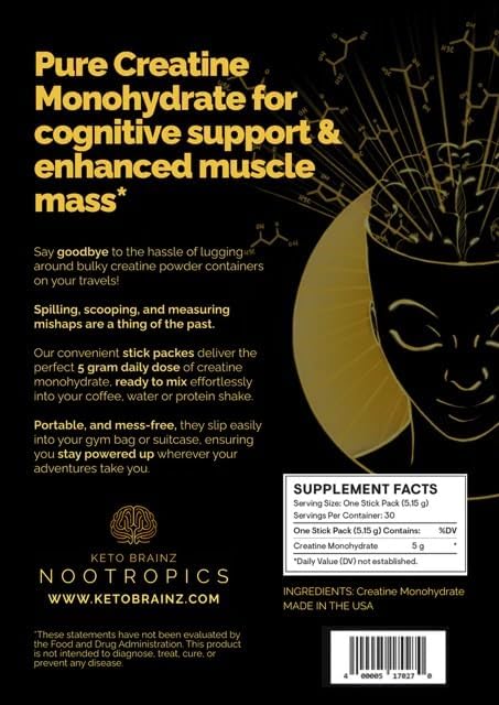 Nootropics 5g Creatine Travel Packs 30 Single-Serve Stick Packs Pure Creatine Monohydrate Portable Pre-Measured Powder