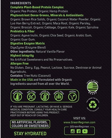 Green Regimen Elite Plant-Based Protein Powder - 25g Complete Hemp &amp Pea Protein Meal Replacement High-Protein Vegan Shake NonGMO Gluten-Free Dairy-Free Low Carb - (Vanilla - 1 Month Supply)