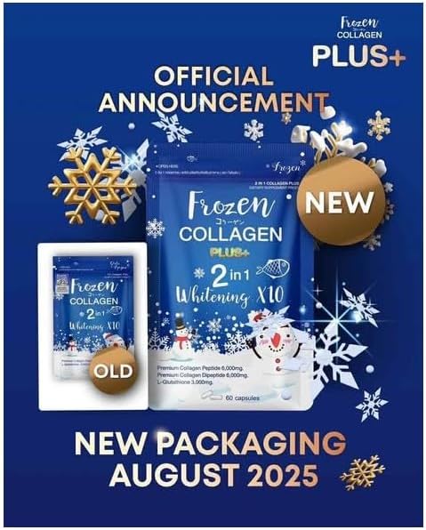 Frozen Collagen Plus+ 2-in-1 Marine Supplement - 100mg Collagen Peptide 100mg Collagen Dipeptide &amp 50mg L-Glutathione per Capsule for Skin Radiance - 120 Capsules (2-Pack)