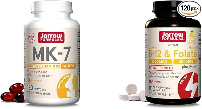 Jarrow Formulas MK7 Promotes Bone Health 90 mcg 120 Softgels &amp Extra Strength Methyl B-12 1000 mcg &amp Methyl Folate 400 mcg + P-5-P Dietary