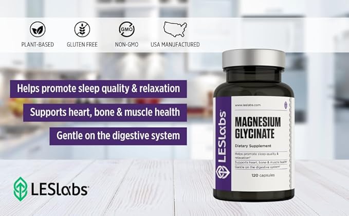 LES Labs Magnesium Glycinate – Supports Restful Sleep Heart Health Stress Relief Metabolism Nerve &amp Muscle Function Gentle on The Digestive System – Non-GMO Supplement – 120 Capsules