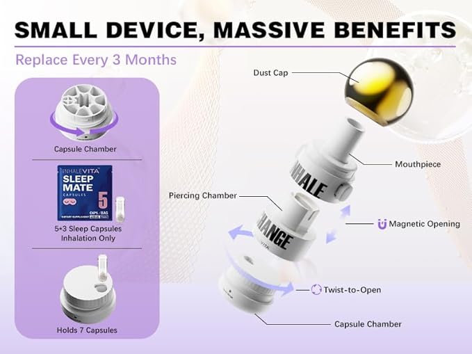 Melatonin Inhaler Sleep Aid Combo Golden|Includes 15 Capsules &amp 1 Reusable Inhaler Fast-Acting with Advanced Absorption|0.4mg Low Dose Zero-Sugar|Wake RefreshedPortableNon-Habit Forming