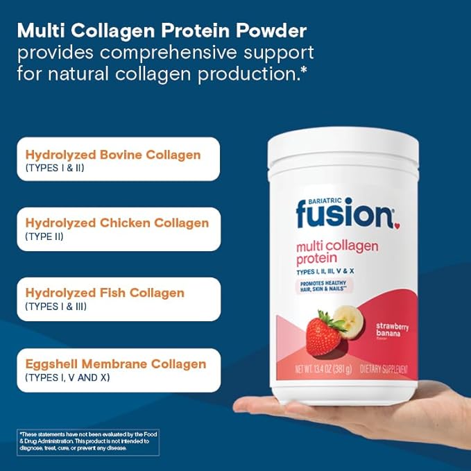 Bariatric Fusion Strawberry Banana Multi Collagen Protein Powder | Plus Joint Support Complex of MSM and Glucosamine | Dairy Gluten &amp Soy Free | Non-GMO | 30 Servings