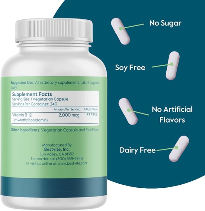 BESTVITE Vitamin B12 (Methylcobalamin) 2000mcg (480 Vegetarian Capsules)(2 x 240) (Methyl B12) - No Stearates - Vegan - Non GMO - Gluten Free