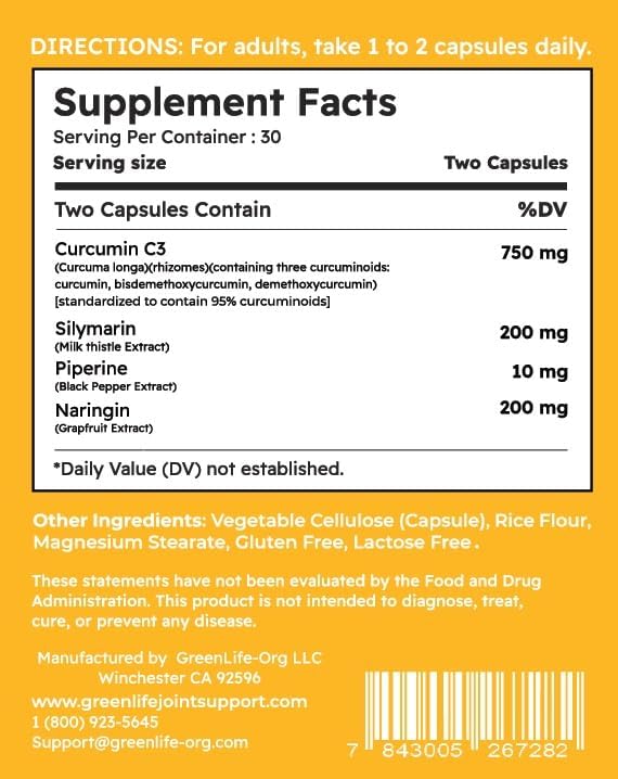 Green Life Dual Defense Joint &amp Liver Support Supplement 60 Tablets with Curcumin Silymarin Piperine Narigin