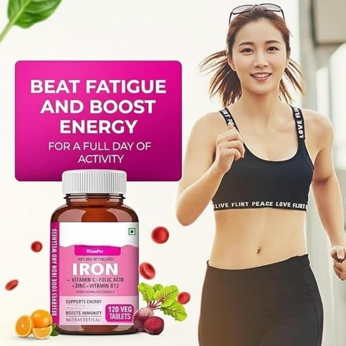 Chelated Iron + Vitamin C Tablets - 120 Veg Tablets with Vitamin B12 Zinc Folic Acid Beetroot Extract - High AbsorptionEnergy &amp Immunity 100% RDA
