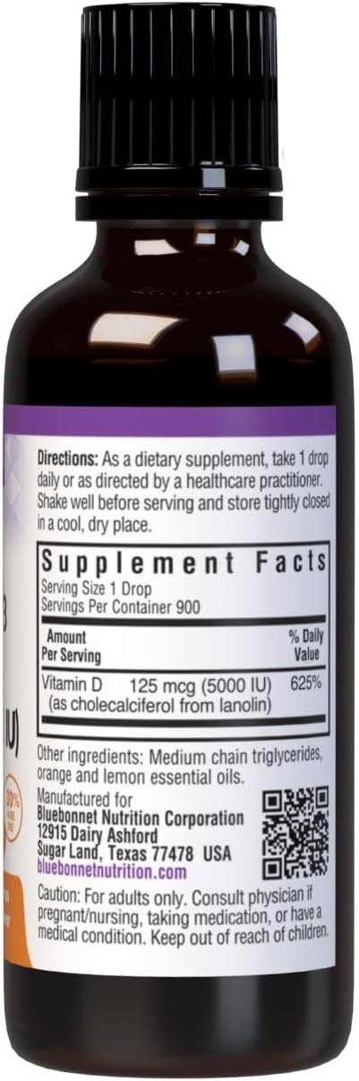 Bluebonnet Nutrition Liquid Vitamin D3 Drops 5000 IU Aids in Muscle and Skeletal Growth D3 Non GMO Gluten Free Soy Free Dairy Free Kosher Citrus Flavor (743715003781) 1 Fl Oz (Pack of 1)