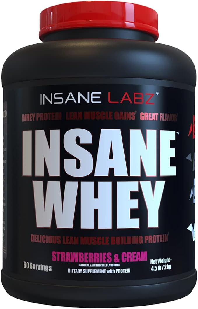 Insane Labz Insane Whey100% Muscle Building Whey Protein Post Workout BCAA Amino Profile Mass Gainer Meal Replacement 5lbs 60 Srvgs (Strawberries &amp Cream)