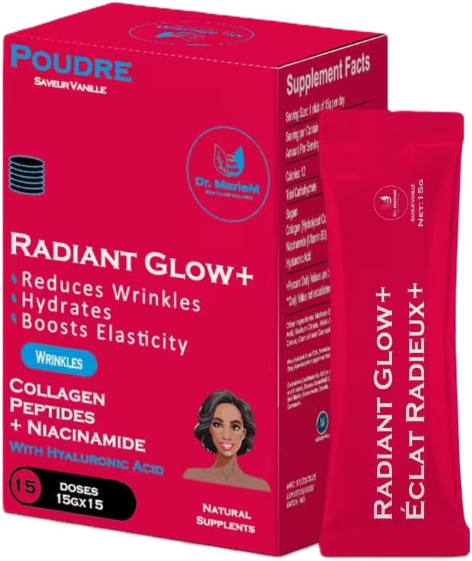 Radiant Glow+ Anti-Aging Powder Supplement – 3.3g Collagen Peptides + 333mg 20mg Niacinamide with HA – Reduces Wrinkles Hydrates &amp Boosts Elasticity – Vanilla Flavor – 15 g/Stick