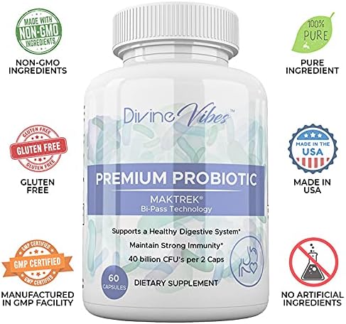 Divine Vibes Probiotics 40 Billion CFU - Approved Probiotics for Women Probiotics for Men and Adults Natural Shelf Stable Probiotic Supplement with Prebiotic Acidophilus Probiotic 60 Capsules