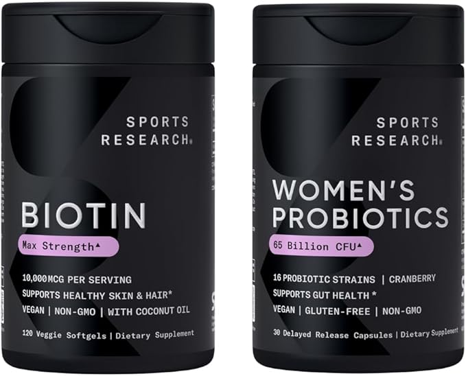 Sports Research® Beauty from Within Pack - Biotin 10000mcg with Organic Coconut Oil + Daily Women's Probiotics 65 Billion CFU
