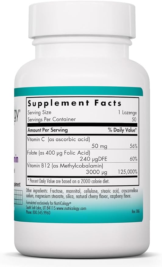 Allergy Research Group Nutricology B12 Methylcobalamin Supplement - Vitamin B12 and Folate with 400mcg Folic Acid Pure Vegetarian Lozenges - 50 Count